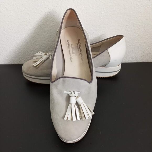D Acquasparta Italy Suede 7.5 8 Slip On Shoes Grace D4 Gray Tassel Wedge Loafers - Picture 1 of 11
